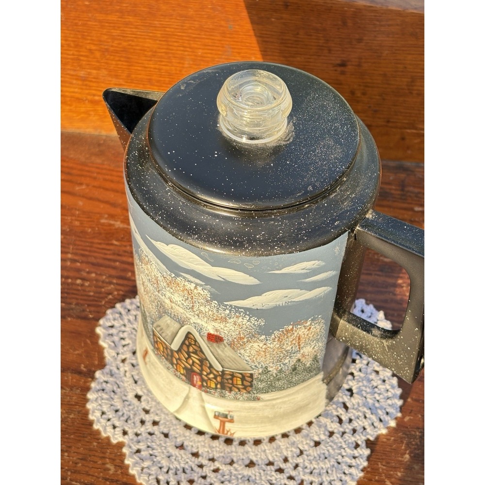 Vtg Light Blue Metal Pyres Coffee Pot Perculator Hand Painted Winter Home Scene - Picture 3 of 5